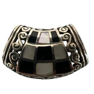 Elegant Black Onyx and Mother of Pearl Sterling Silver Mosaic Pendant